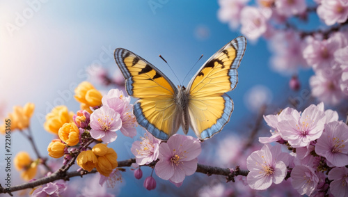 Spring banner, branches of blossoming cherry against background of blue sky and butterflies on nature outdoors. Pink sakura flowers, dreamy romantic image spring, landscape panorama, Ai image 