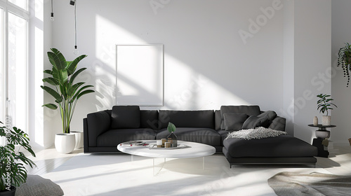 The interior of a modern bright living room with a black sofa, Classic color scheme.