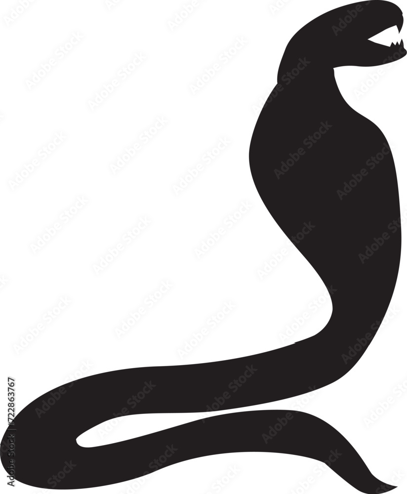 Black silhouette Cobra with open hood animal body, fairy tale Halloween character. Creepy shadow outline of nocturnal Cobra scarecrow. Simple black and white Vector isolated on white background Black silhouette Cobra with open hood animal body, fairy tale Halloween character. Creepy shadow outline of nocturnal Cobra scarecrow. Simple black and white Vector isolated on white background