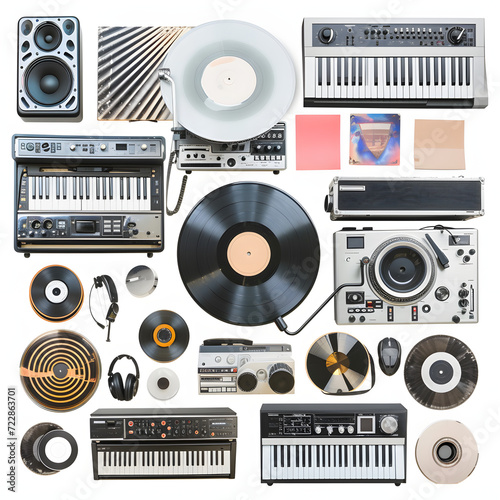 Evolution of music from classical to modern digital formats isolated on white background, png 