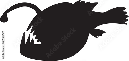 Black silhouette deep sea fish angler animal body, fairy tale Halloween character. Creepy shadow outline of nocturnal fish angler scarecrow. Simple black and white Vector isolated on white background