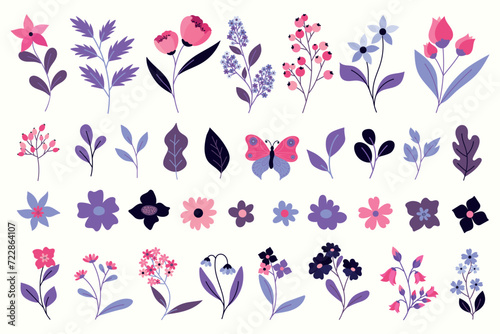 Cute flowers and leaves collection. Pink and purple spring flowers set. Minimalist floral blossom bouquet