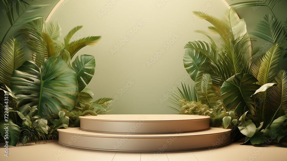 Minimal abstract summer background - 3D concrete podium display with green leaves and shadows for branding, product presentation. Natural stone pedestal with green plants. Minimal abstract summer background - 3D concrete podium display with green leaves and shadows for branding, product presentation. Natural stone pedestal with green plants.