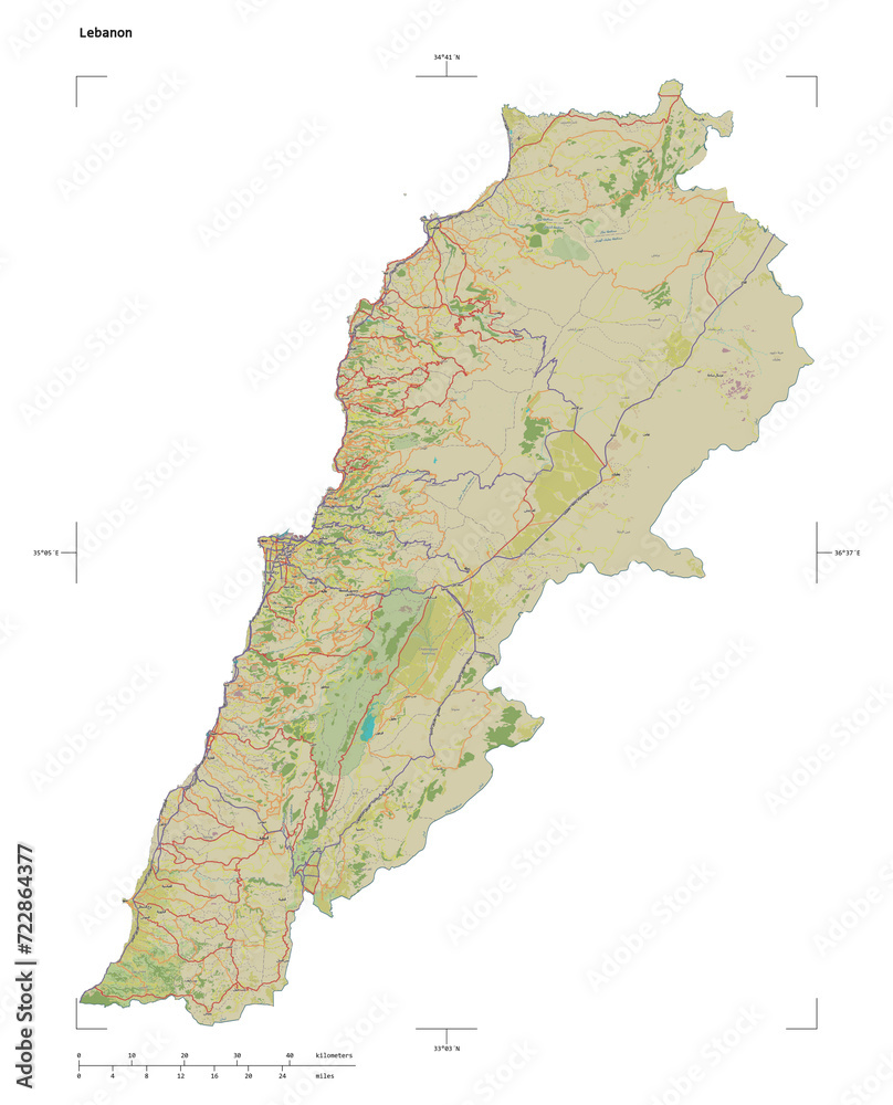 Lebanon shape isolated on white. OSM Topographic Humanitarian style map