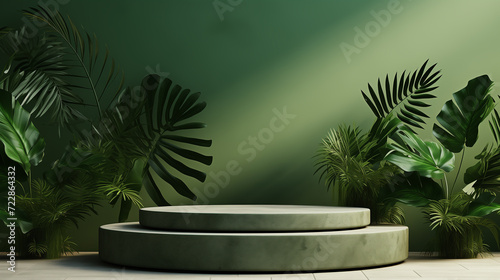 Minimal abstract summer background - 3D concrete podium display with green leaves and shadows for branding, product presentation. Natural stone pedestal with green plants. 