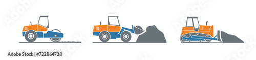 Construction machinery. Special equipment for construction work. Loader, excavator, tractor, bulldozers, asphalt road roller, road grader.Commercial vehicles.Color flat vector illustration. Isolated