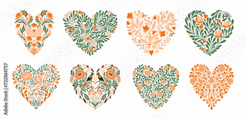 Set of Floral Hearts. Valentine’s Day. Vector.
