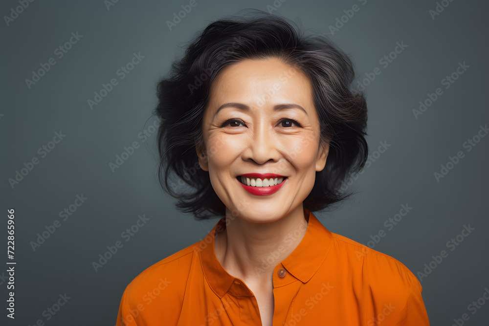Happy attractive mature Asian woman with dark hair with gray streakes on dark studio background Happy attractive mature Asian woman with dark hair with gray streakes on dark studio background