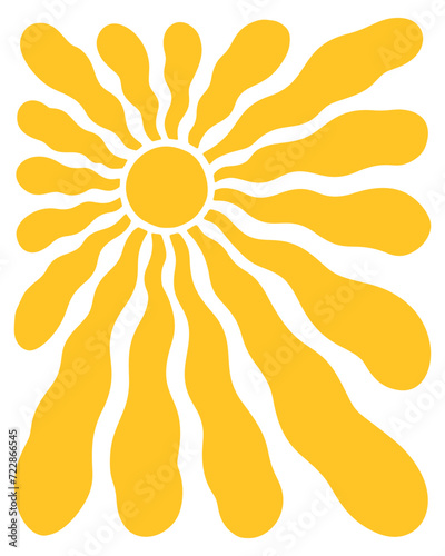Retro Groovy Sun Background. Abstract Wave Ray Pattern in Trendy 70s Style. Boho Colorful Groovy Sun Psychedelic Vintage Background. Graphic Fun Hippie Poster. Abstract Summer Wallpaper.
