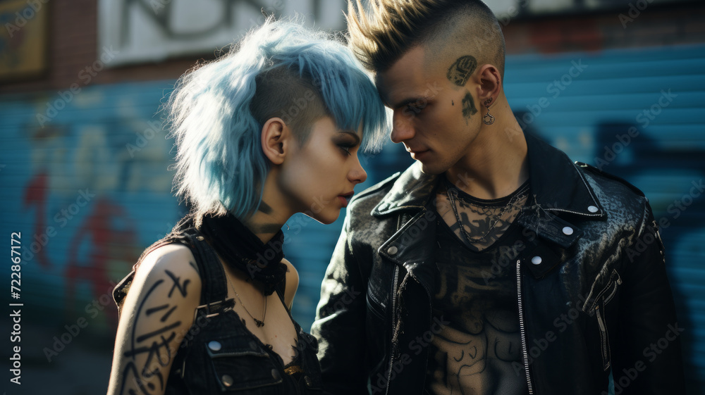 Naklejka premium A defiant punk couple, in urban attire, walk through a dystopian cityscape filled with graffiti and abandoned buildings.