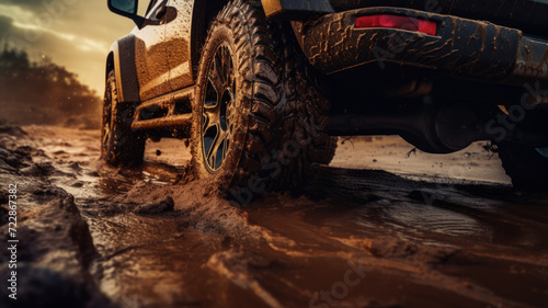 Close-up of a car tire in the mud.
