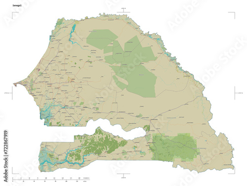 Senegal shape isolated on white. OSM Topographic Humanitarian style map