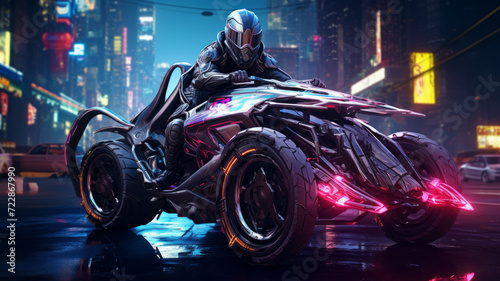 A futuristic renegade in high-tech leather stands beside a modified hoverbike in a vivid neon cityscape, capturing the essence of a daring rebel in a photorealistic cyberpunk metropolis. photo
