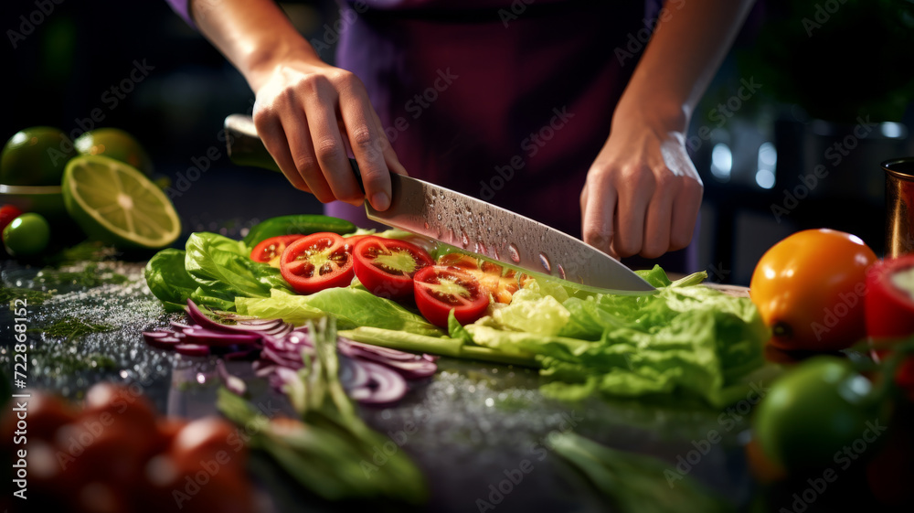 Feminine hands carefully slice vegetables in a modern kitchen, creating an elegant and vibrant culinary moment.