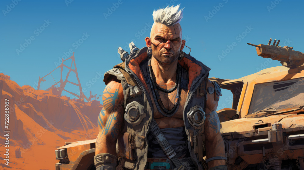 Rugged and defiant warrior stands in post-apocalyptic landscape. Rugged and defiant warrior stands in post-apocalyptic landscape.