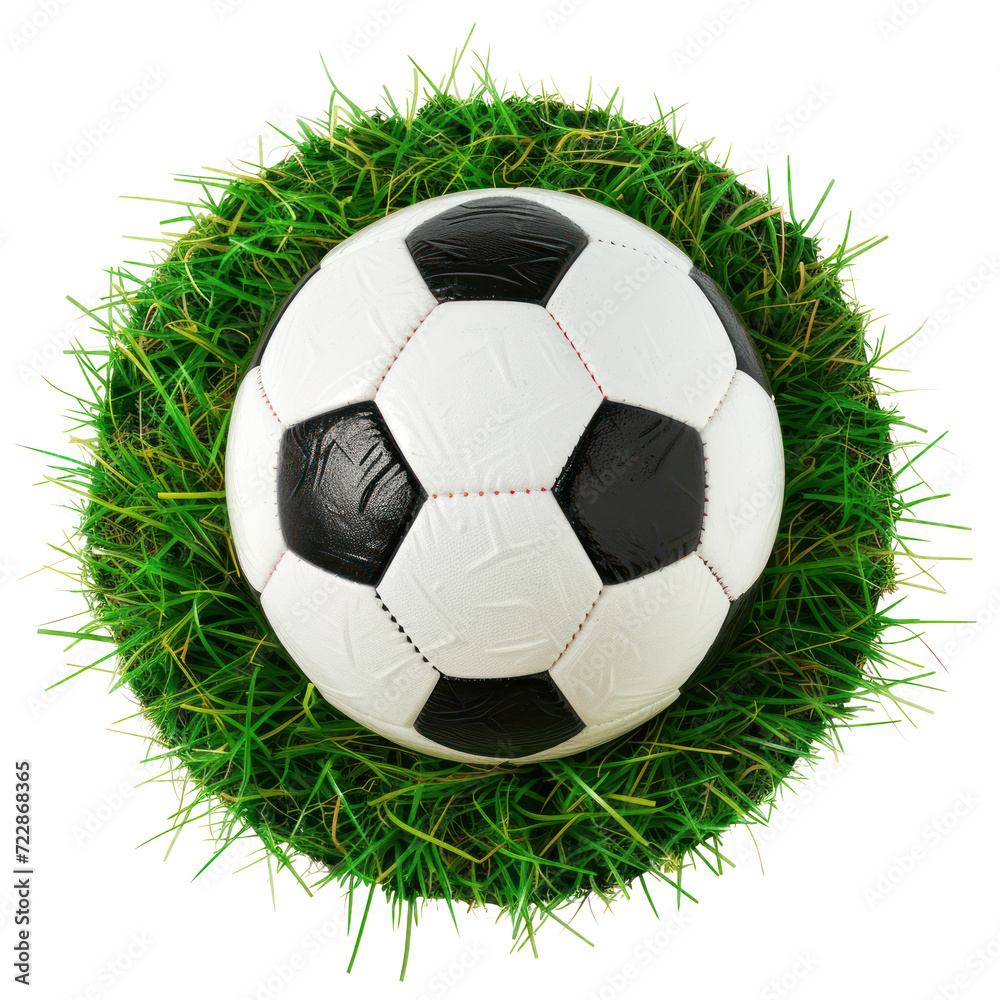 Fototapeta premium Soccer ball on green grass, cut out - stock png.