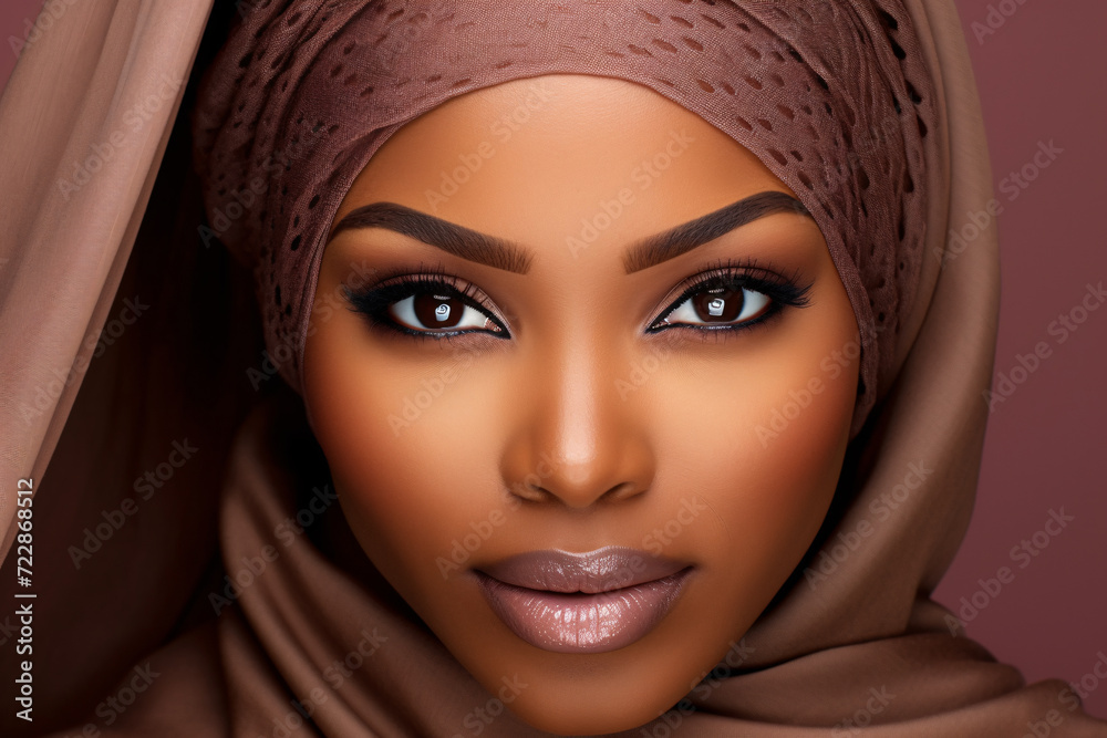Face of young beautiful afro american muslim woman with hijab headscarf in front of studio background Face of young beautiful afro american muslim woman with hijab headscarf in front of studio background