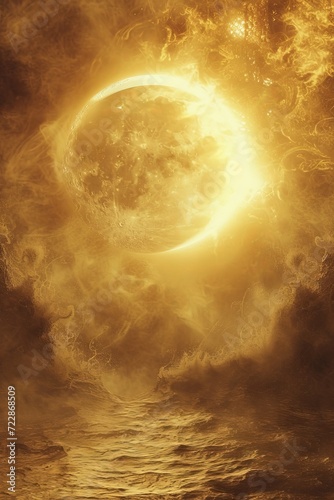 Sun and Moon coming out of a Cave Artwork Style -Baroque Opulence Soft Mist Dark Beige and Gold - Spectacular Backdrop in Victorian Era Decorative Mood Wallpaper created with Generative AI Technology