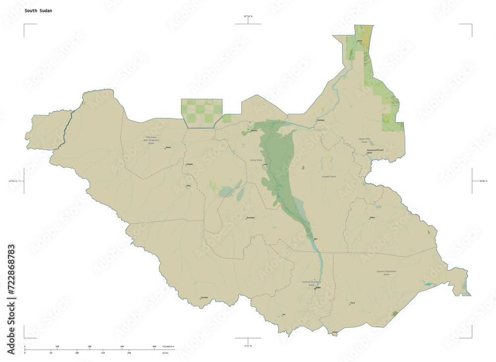 Fototapeta premium South Sudan shape isolated on white. OSM Topographic Humanitarian style map
