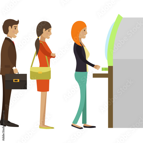 People queue to bank atm machine vector icon isolated on white