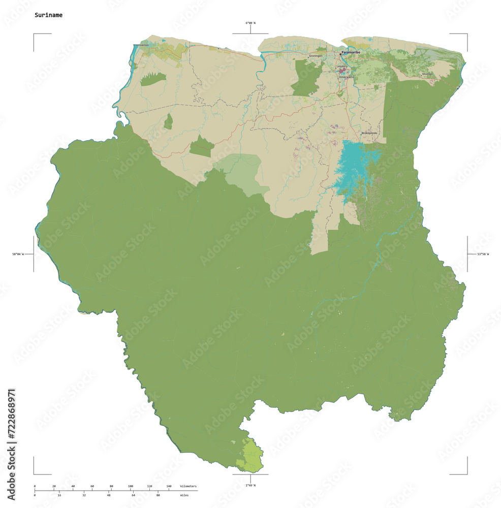 Fototapeta premium Suriname shape isolated on white. OSM Topographic Humanitarian style map