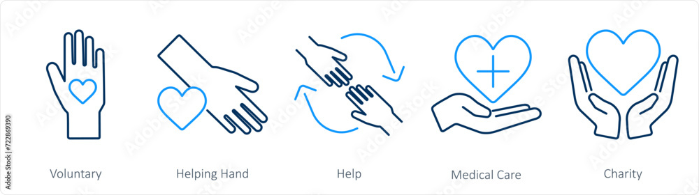 A set of 5 Charity and donation icons as voluntary, helping hand, help - obrazy, fototapety, plakaty 