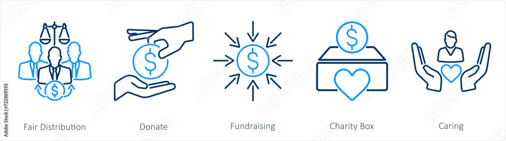 A set of 5 Charity and donation icons as fair distribution, donate, fundraising A set of 5 Charity and donation icons as fair distribution, donate, fundraising