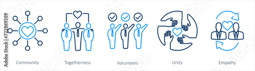A set of 5 Charity and donation icons as community, togetherness, volunteers