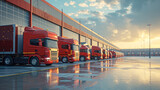 Sunset View of Parked Cargo Trucks. Row of red cargo trucks parked at distribution warehouse at sunset.