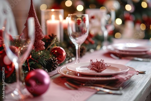 Beautifully decorated Christmas table with with Christmas decorations  plates  candles  glasses. Table served for Christmas New Year dinner  Generative AI 