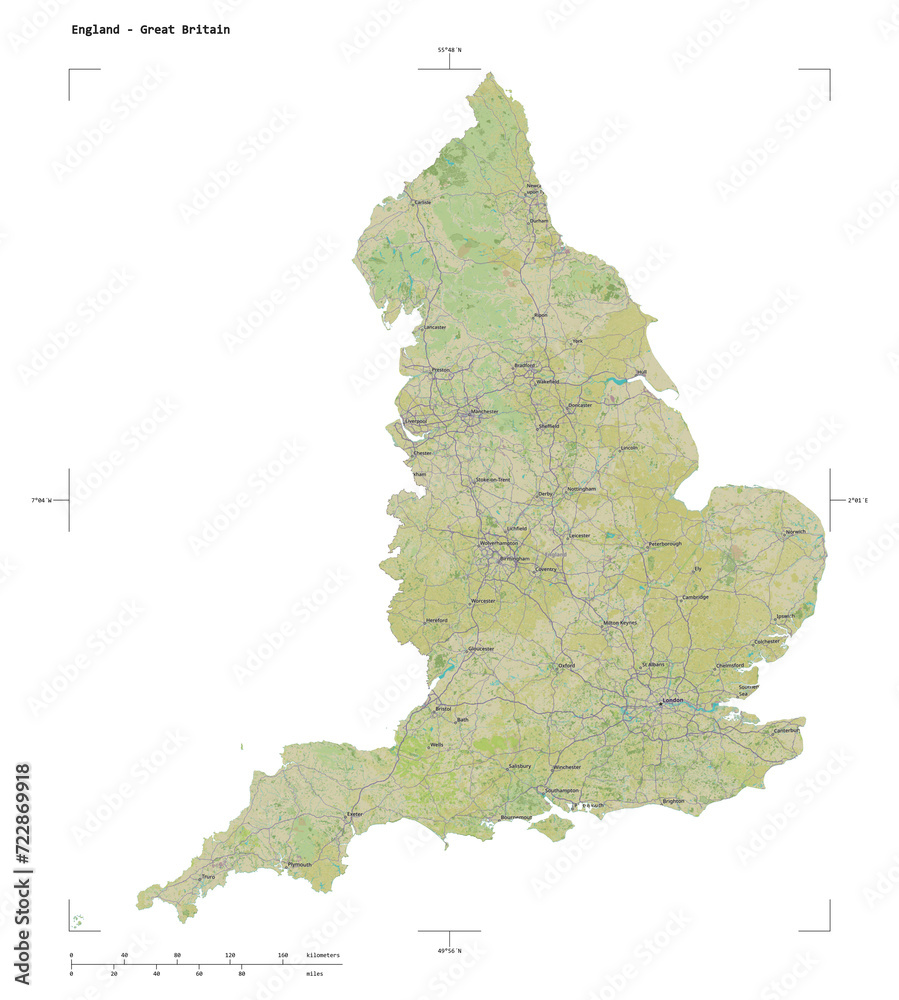 England - Great Britain shape isolated on white. OSM Topographic Humanitarian style map