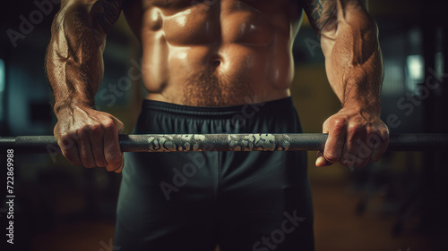 A weightlifters chalk-covered hands gripping a barbell, their determination emphasized by overhead lighting.
