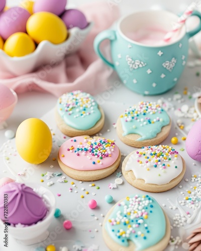 A festive Easter cookie decorating scene, with sugar cookies, icing, and sprinkles 