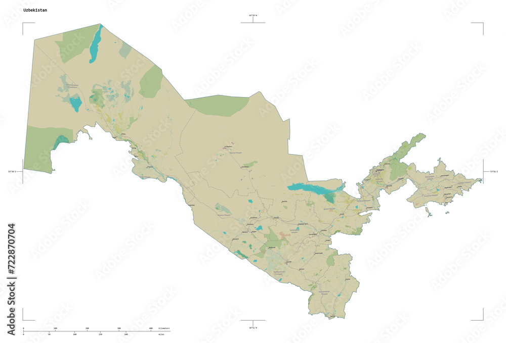 Fototapeta premium Uzbekistan shape isolated on white. OSM Topographic Humanitarian style map