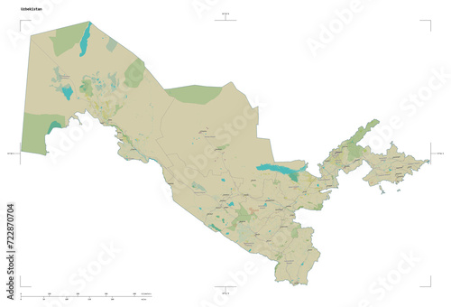 Uzbekistan shape isolated on white. OSM Topographic Humanitarian style map