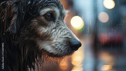 A homeless dogs wet fur reflects the hardships of life on the streets.