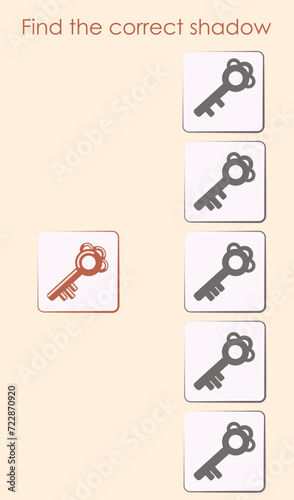 Find the correct shadow. Keys. Worksheet. Vector illustration for activity book, children's entertainment.