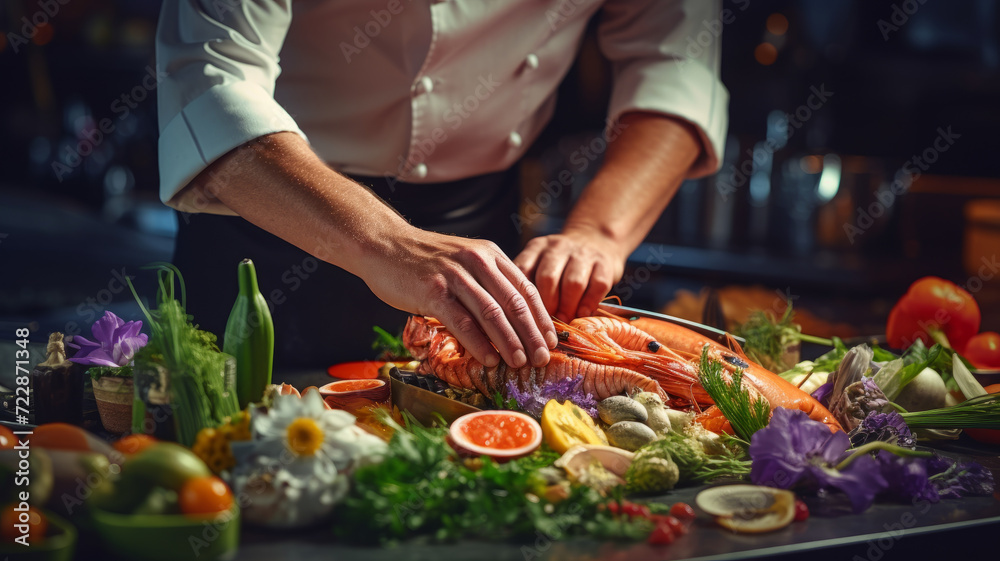 The chef's hands create a vibrant seafood masterpiece.