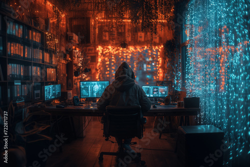 Portrait of an unrecognizable hacker performing hacks with multiple computers in a dark room. Image by cybercrime