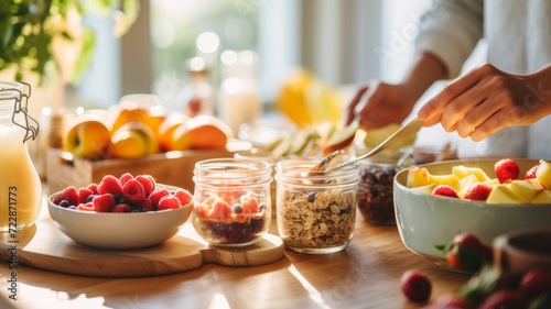 Loving hands prepare a fresh, colorful breakfast with fruits, granola, and yogurt in soft morning light. photo