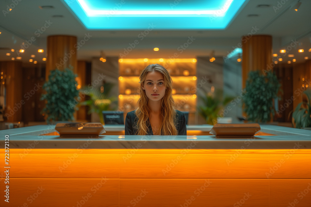 Young Caucasian woman receptionist inside a luxury hotel Young Caucasian woman receptionist inside a luxury hotel