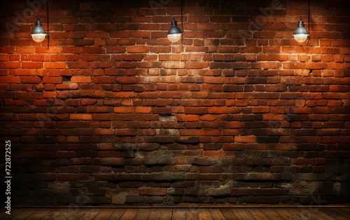 Vintage textured red brick wall with spotlight shining in the center, ideal for backgrounds or as a grunge design element
