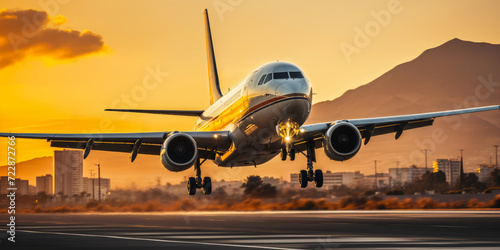 Commercial Airplane Taking Off from Runway at Sunset with Cityscape and Mountains in Background