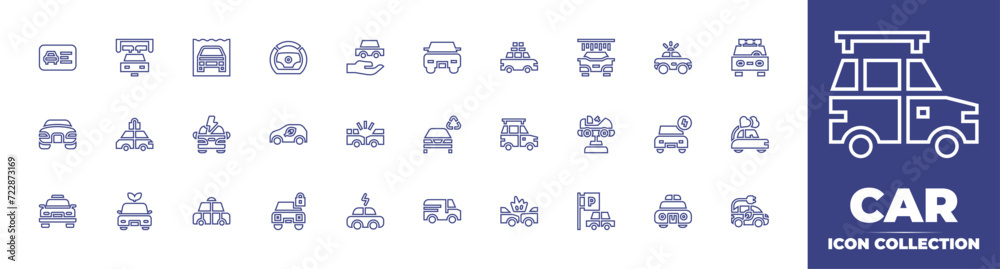 Car line icon collection. Editable stroke. Vector illustration. Containing driving license, car, steering wheel, taxi, van, eco car, locked car, car manufacturing, electric car, car accident, police.