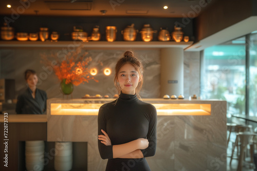 Young Asian working woman inside a luxury hotel restaurant