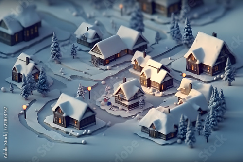 3d rendering isometric village in snow photo