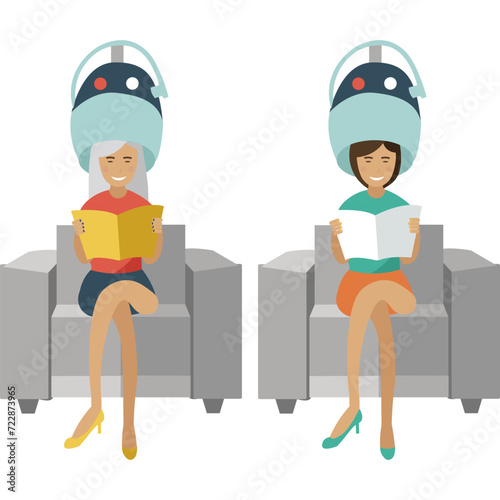 Happy female clients drying hair at beauty salon vector icon isolated on white