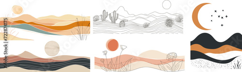 Serene Desert Dunes and Moonlit Night: Abstract Nature Panels. Elegant abstract art triptych showcasing tranquil desert landscapes, rolling dunes, and a starry night sky