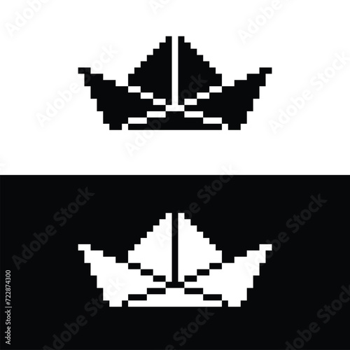 pixel paper boat  icon.  Vector pixel art boat  8 bit logo for game