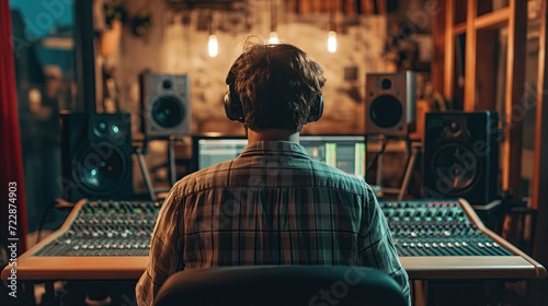 Producer wearing headphones in a recording studio